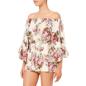LPA Anthropologie Linen Off Shoulder Romper Floral Summer Rose Bouquet Size XS
